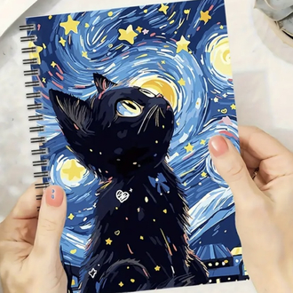 Yıldızlı Gökyüzü ve Siyah Kedi Spiral Defter