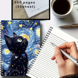 Yıldızlı Gökyüzü ve Siyah Kedi Spiral Defter