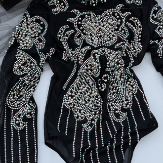 TAŞ İŞLEMELİ SİYAH TRANSPARAN BODYSUIT 