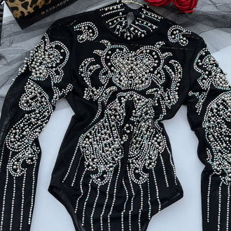 TAŞ İŞLEMELİ SİYAH TRANSPARAN BODYSUIT 