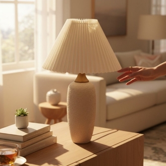Terra Grandé Büyük Boy Dokulu Seramik Abajur | Lüks Pileli Başlıklı Abajur - Premium Seri