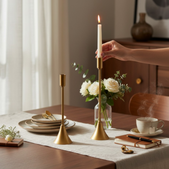 Eviorhome Minimalist Antik Gold İkili Şamdan Seti - İnce Uzun Eskitme Gold Metal Şamdanlık