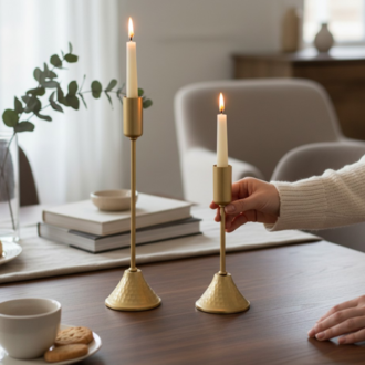 Eviorhome Antik Altın Dövme Metal İkili Şamdan Seti - Lüks Dekoratif Eskitme Gold Şamdan