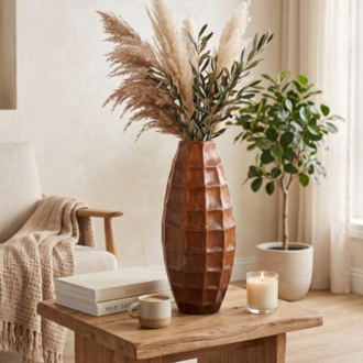 Eviorhome Ahşap Dokulu Seramik Vazo – Wabi-Sabi & Japandi Tarzı Dekoratif Vazo (41 cm)