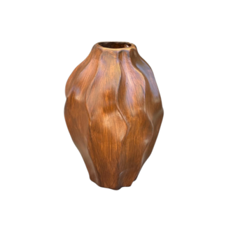 Organik Formlu Wabi-Sabi Seramik Vazo | Doğal Ahşap Dokulu Dekoratif Tasarım (30 cm)