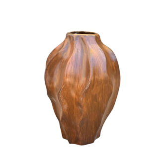 Organik Formlu Wabi-Sabi Seramik Vazo | Doğal Ahşap Dokulu Dekoratif Tasarım (30 cm)
