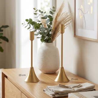 Eviorhome Minimalist Antik Gold İkili Şamdan Seti - İnce Uzun Eskitme Gold Metal Şamdanlık