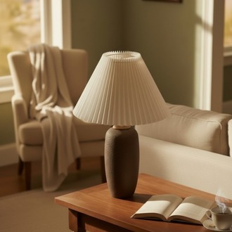 Terra Grandé Büyük Boy Dokulu Seramik Abajur | Lüks Pileli Başlıklı Abajur - Premium Seri