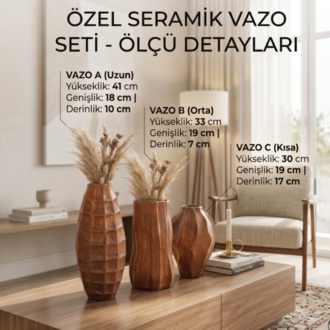 Eviorhome 3'lü Toprak Serisi: Geometrik ve Ahşap Dokulu Dekoratif Vazo Seti