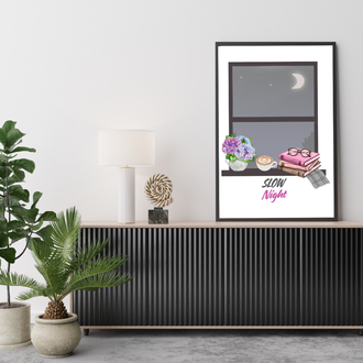 Slow Night Poster, Minimalist Gece Dekoru, Cozy Bedroom Wall Art, Yazdırılabilir Dijital Tablo