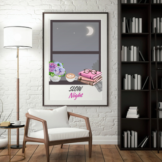 Slow Night Poster, Minimalist Gece Dekoru, Cozy Bedroom Wall Art, Yazdırılabilir Dijital Tablo