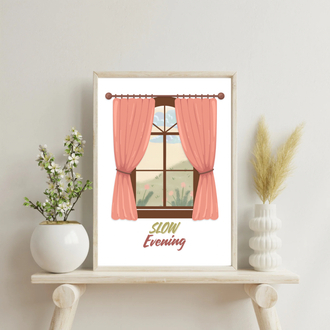 Slow Evening Duvar Posteri, Cozy Akşam Dekoru, Minimalist Printable Wall Art, Dijital İndirme