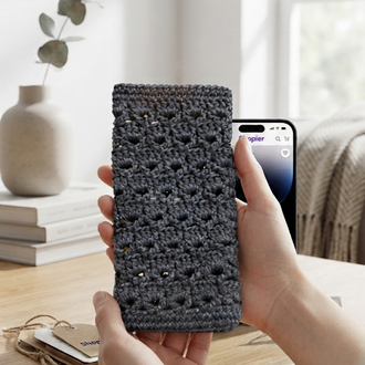 El Örgüsü Antrasit Telefon Kılıfı | Handmade Crochet Phone Sleeve