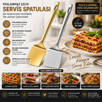 Paslanmaz Çelik Servis Spatulası 27 cm – Gold & Gümüş Renk Seçenekli