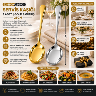 21 CM Paslanmaz Çelik Servis Kaşığı – Gold & Gümüş Renk Seçenekli 