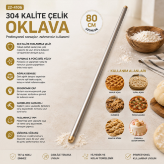 80 CM Lux Metal Oklava – Çelik Hamur Açma Oklavası