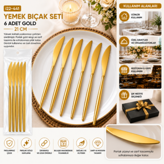 6’lı Gold Yemek Bıçağı Seti 21 CM – Paslanmaz Çelik