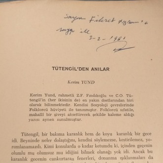 Kerim YUND - (Cavit Orhan) Tütengil'den Anılar (İmzalı)