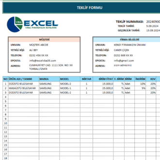 EXCEL TEKLİF FORMU (EĞİTİM VİDEOSU DOSYASI)