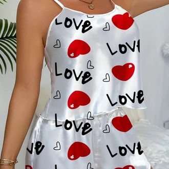 Love Desenli Beyaz Saten Şortlu Gecelik Takım EXVY1334