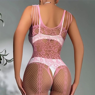 Pembe Askılı Dantel Detaylı File Vücut Çorabı EXVY1453