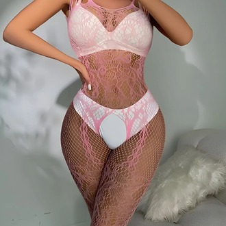 Pembe Askılı Dantel Detaylı File Vücut Çorabı EXVY1453