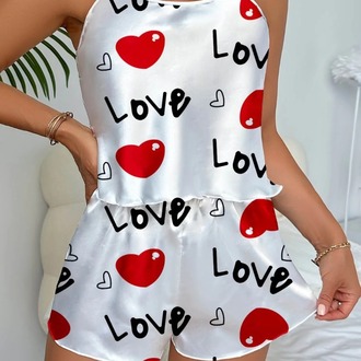Love Desenli Beyaz Saten Şortlu Gecelik Takım EXVY1334