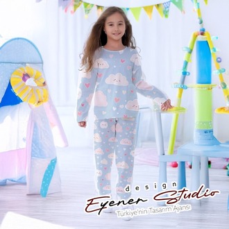 El Çizimi Etkili Bulut Deseni | Çocuk Pijamasına Uygun