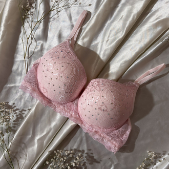 Pudra Pembe, Push-Up Dolgulu ve Taş İşlemeli Dantelli Sütyen Takımı