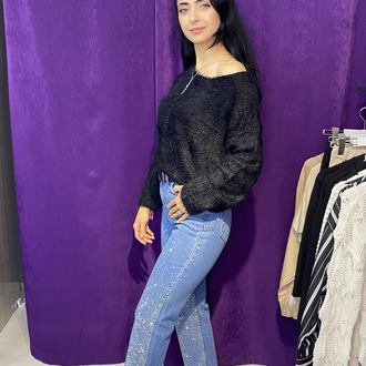 Yüksek bel kesik paça taş serpme Jean