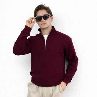 Erkek Bordo Half Zip Kazak