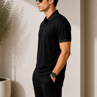 Premium Basic Polo Yaka Tişört – Siyah parlak yaka modeli