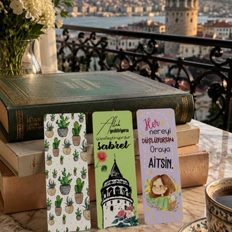 3 lü Kitap Ayracı Galata kulesi, kaktüslü