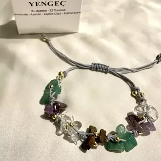 Yengeç Burcu Gerçek Doğal Taş Örme Bileklik - Aventurin, Kaplan Gözü, Kristal Kuvars, Ametist