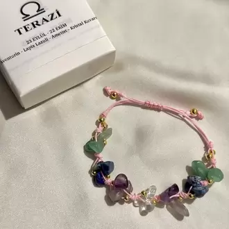 Terazi Burcu Gerçek Doğal Taş Örme Bileklik - Aventurin, Lapis Lazuli, Ametist, Kristal Kuvars