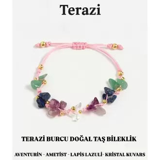 Terazi Burcu Gerçek Doğal Taş Örme Bileklik - Aventurin, Lapis Lazuli, Ametist, Kristal Kuvars