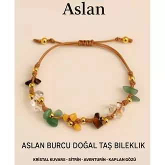 Aslan Burcu Gerçek Doğal Taş Örme Bileklik – Sitrin, Aventurin, Kristal Kuvars, Kaplan Gözü