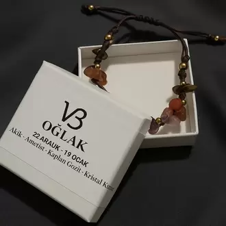 Oğlak Burcu Gerçek Doğal Taş Örme Bileklik – Akik, Ametist, Kaplan Gözü, Kristal Kuvars