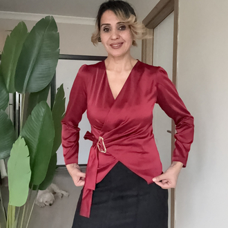 Saten Kruvaze Yaka Gömlek Bordo 