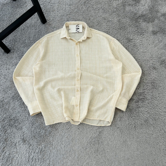 Zara Ekoseli Yazlık Keten Oversize Gömlek | Krem
