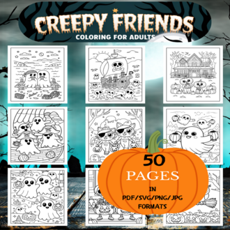 Creepy Friends Coloring Book | Printable Art Book ( 50 Pages, PDF SVG JPG PNG FORMATS)
