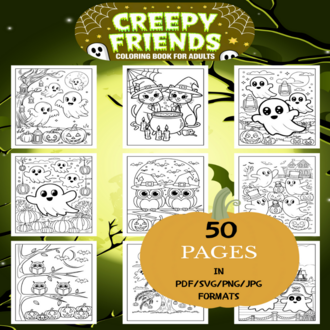 Creepy Friends Coloring Book | Printable Art Book ( 50 Pages, PDF SVG JPG PNG FORMATS)