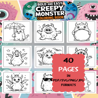 Creepy Monster Coloring Book | Printable Art Book ( 50 Pages, PDF SVG JPG PNG FORMATS)