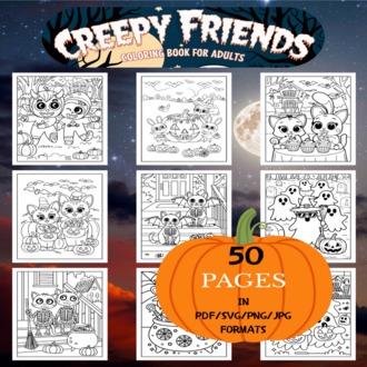 Creepy Friends Coloring Book | Printable Art Book ( 50 Pages, PDF SVG JPG PNG FORMATS)