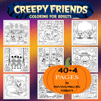 Creepy Friends Coloring Book | Printable Art Book ( 44 Pages, PDF SVG JPG PNG FORMATS)