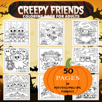 Creepy Friends Coloring Book | Printable Art Book ( 50 Pages, PDF SVG JPG PNG FORMATS)