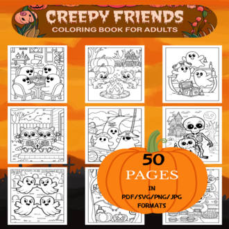 Creepy Friends Coloring Book | Printable Art Book ( 50 Pages, PDF SVG JPG PNG FORMATS)