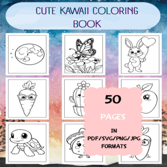 Cute Kawaii Coloring Book | Printable Art Book ( 50 Pages, PDF SVG JPG PNG FORMATS)