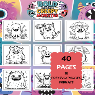 Creepy Monster Coloring Book | Printable Art Book ( 50 Pages, PDF SVG JPG PNG FORMATS)