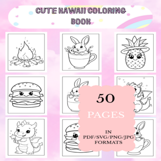 Cute Kawaii Coloring Book | Printable Art Book ( 50 Pages, PDF SVG JPG PNG FORMATS)